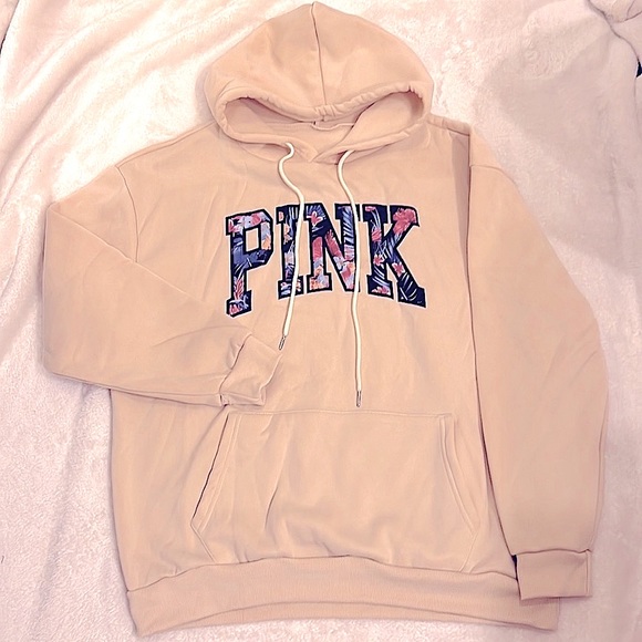 NWT 🌺 KHAKI TAN “PINK” OVERSIZED FLORAL LETTERED HOODED SWEATSHIRT Sz Women’s L - Picture 4 of 7